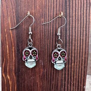 Sugar Skull Dangle Earrings - Pink & Teal Day of the Dead Style